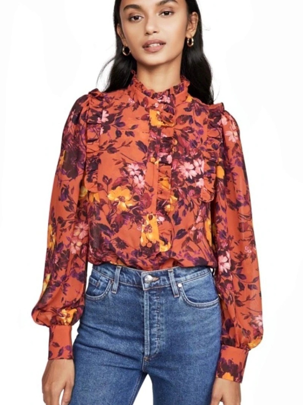 Divine Heritage Floral Ruffle Blouse in Red & Purple Size Medium Like New
